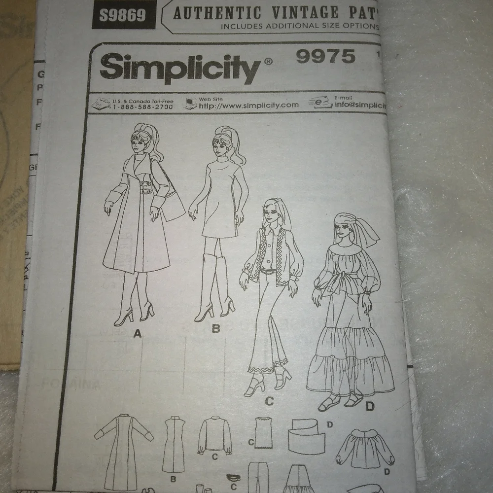 SIMPLICITY S9869 Doll Clothes for 11.5 inch dolls 1970s styles by Theresa LaQuey